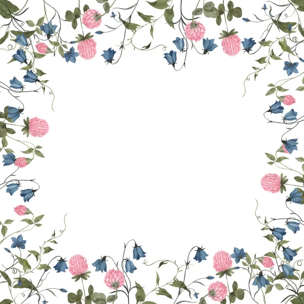 Watercolor vintage frame with wildflowers and forest herbs, isolated on white background