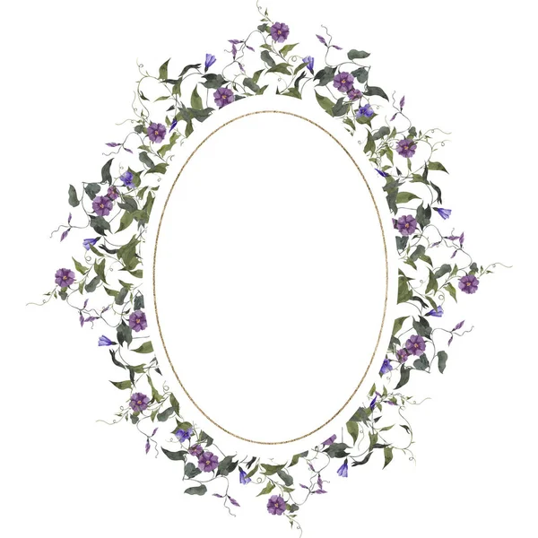 Watercolor vintage frame with wildflowers and forest herbs, isolated on white background