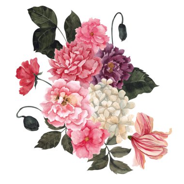 Beyaz arka planda izole edilmiş, eski çiçek ve yapraklarla suluboya retro buketi