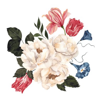 Beyaz arka planda izole edilmiş, eski çiçek ve yapraklarla suluboya retro buketi