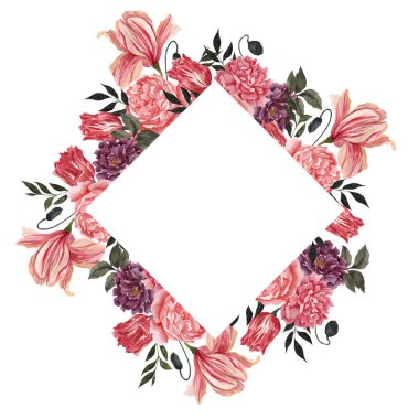 Beyaz arkaplanda izole edilmiş, eski çiçek ve yapraklarla suluboya Retro çerçeve