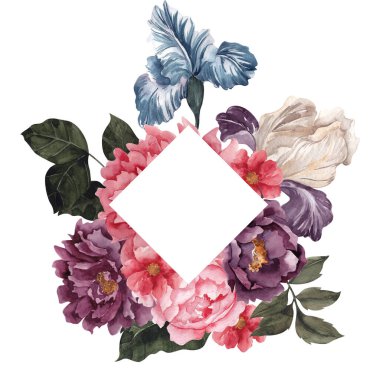 Beyaz arkaplanda izole edilmiş, eski çiçek ve yapraklarla suluboya Retro çerçeve