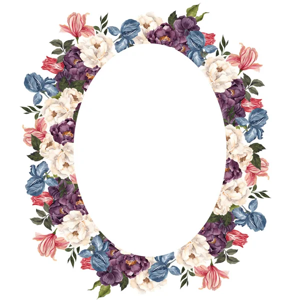 Moldura Retro Aquarela Com Flores Folhas Vintage Isolado Fundo Branco — Fotografia de Stock