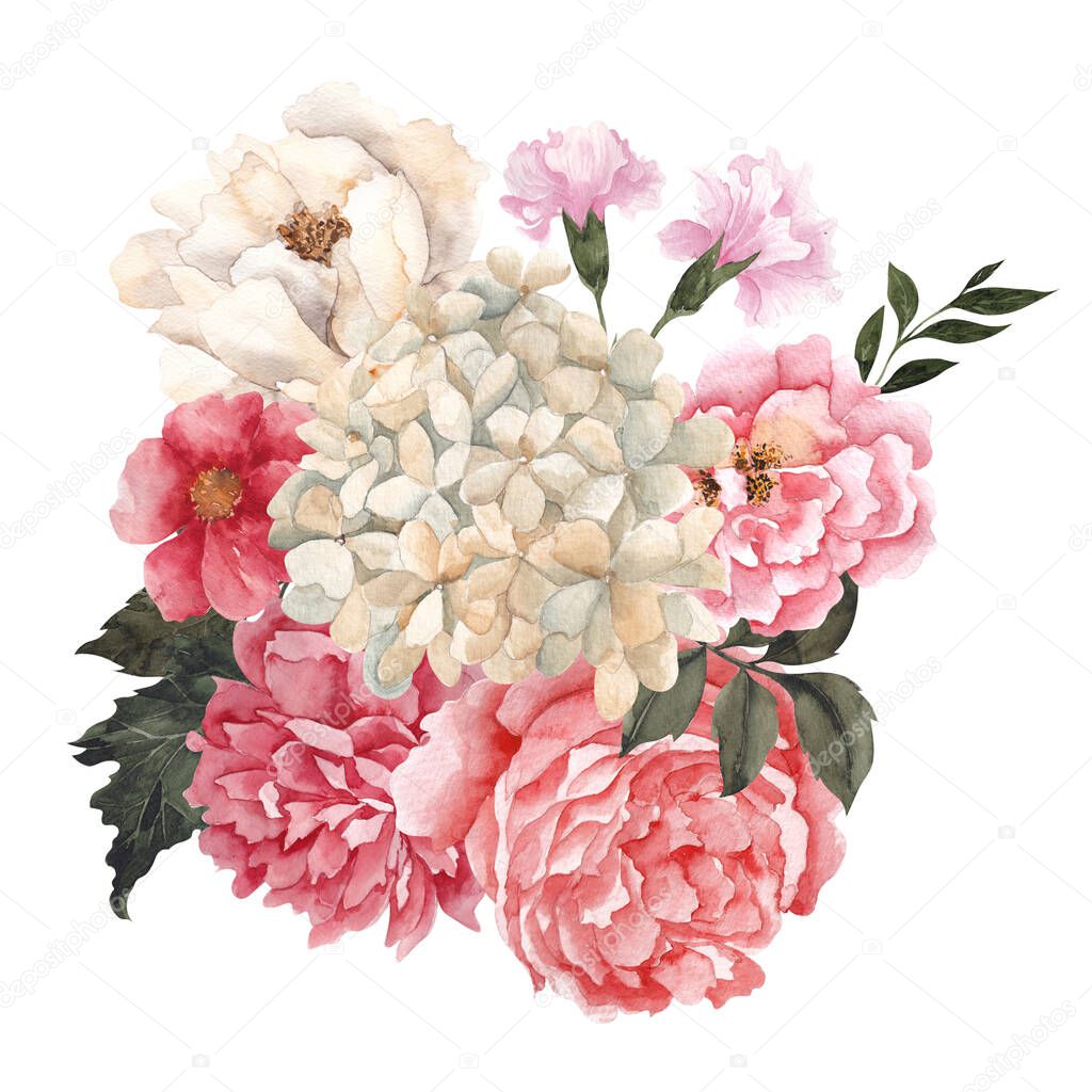 Watercolor retro bouquet with vintage flowers and leaves, isolated on white background