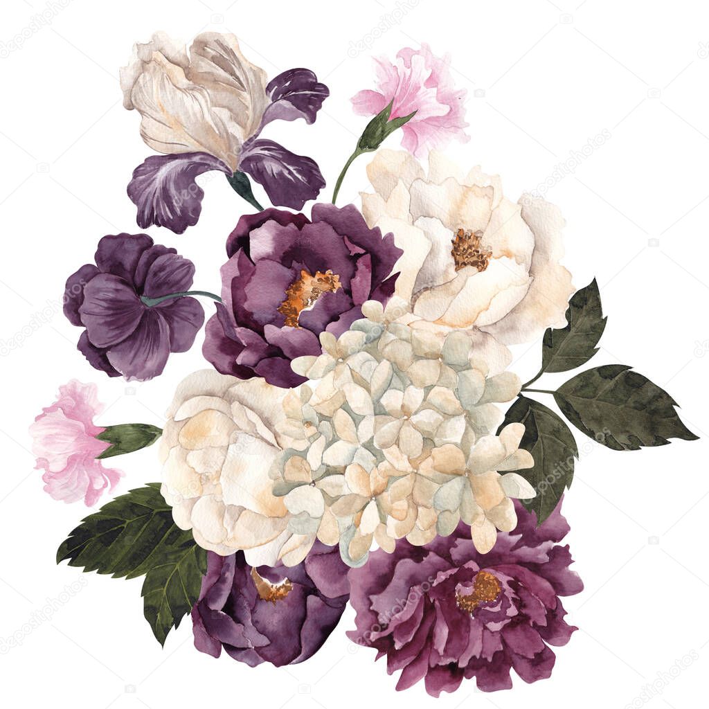 Watercolor retro bouquet with vintage flowers and leaves, isolated on white background