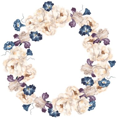 Suluboya retro çelenk. Beyaz arka planda izole edilmiş eski çiçek ve yapraklar