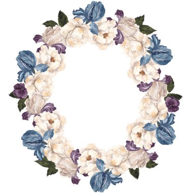 Suluboya retro çelenk. Beyaz arka planda izole edilmiş eski çiçek ve yapraklar