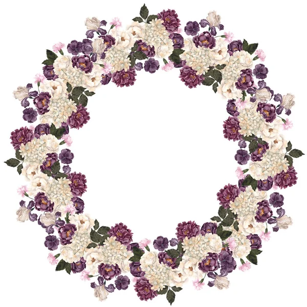 Watercolor Retro Wreath Vintage Flowers Leaves Isolated White Background — Stock Photo, Image
