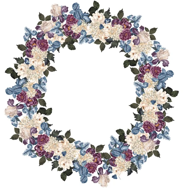 Watercolor Retro Wreath Vintage Flowers Leaves Isolated White Background — Stock Photo, Image