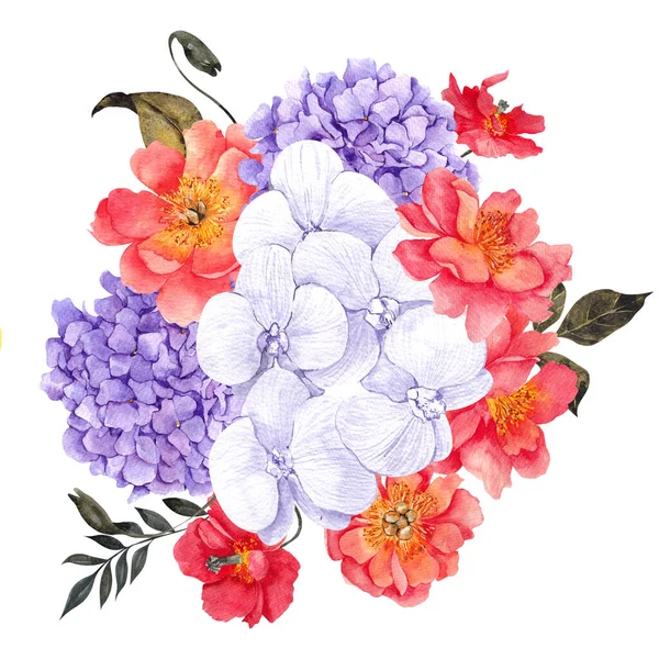 Υδατογραφία Floral Εικονογράφηση Πολύχρωμα Λουλούδια Και Φύλλα Απομονώνονται Λευκό Φόντο — Φωτογραφία Αρχείου