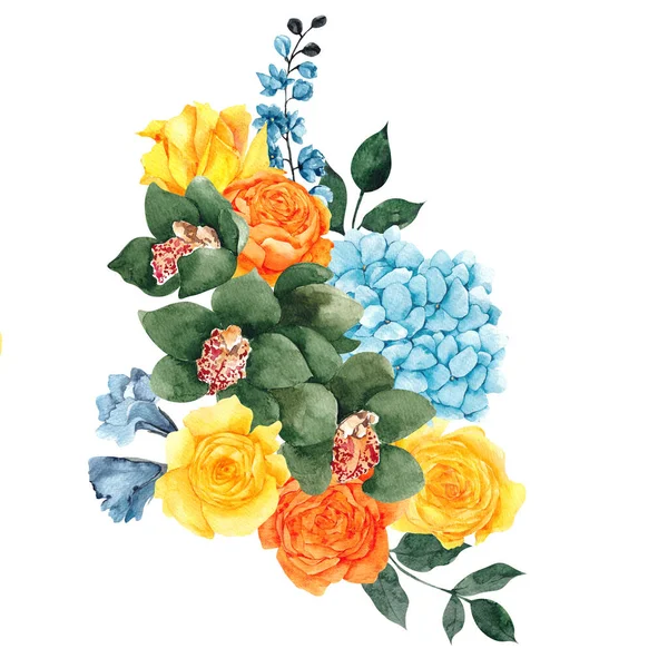 Υδατογραφία Floral Εικονογράφηση Πολύχρωμα Λουλούδια Και Φύλλα Απομονώνονται Λευκό Φόντο — Φωτογραφία Αρχείου