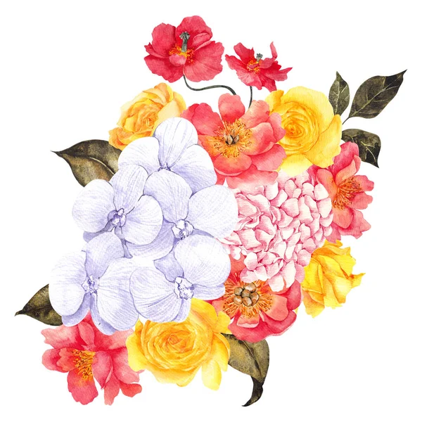 Illustration Florale Aquarelle Avec Des Fleurs Des Feuilles Colorées Isolées — Photo
