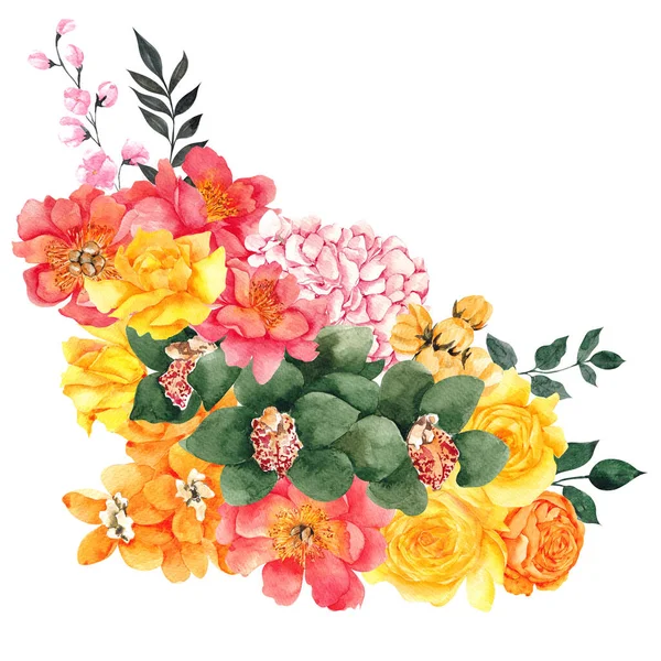 Illustration Florale Aquarelle Avec Des Fleurs Des Feuilles Colorées Isolées — Photo