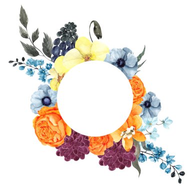 Gökkuşağı çiçekleri ve yaprakları ile suluboya çerçeve, beyaz arka planda izole