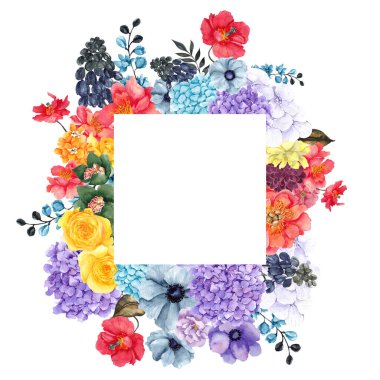 Gökkuşağı çiçekleri ve yaprakları ile suluboya çerçeve, beyaz arka planda izole