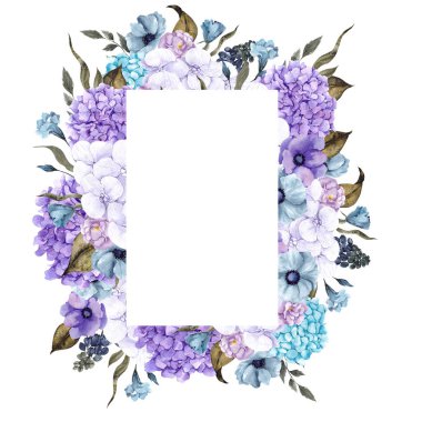 Gökkuşağı çiçekleri ve yaprakları ile suluboya çerçeve, beyaz arka planda izole