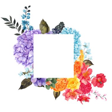 Gökkuşağı çiçekleri ve yaprakları ile suluboya çerçeve, beyaz arka planda izole