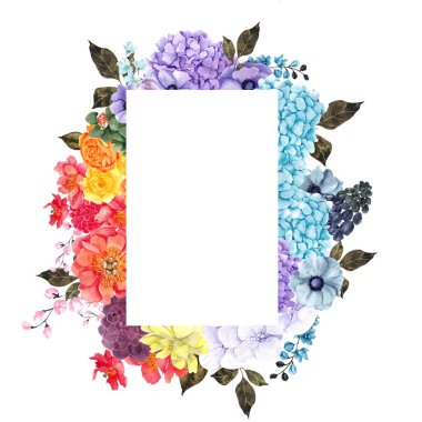 Gökkuşağı çiçekleri ve yaprakları ile suluboya çerçeve, beyaz arka planda izole