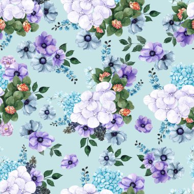 Suluboya gökkuşağı çiçekleri ve yapraklarıyla kusursuz desen, Don renkli arkaplanı izole et