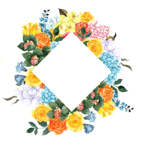 Akvarelový Rám Duhovými Květy Listy Izolované Bílém Pozadí — Stock fotografie