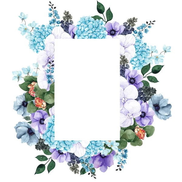 Gökkuşağı Çiçekleri Yaprakları Ile Suluboya Çerçeve Beyaz Arka Planda Izole — Stok fotoğraf