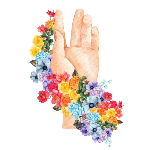 Illustrazione Acquerello Con Mani Fiori Arcobaleno Mazzi Fiori Mano Colorata — Foto Stock