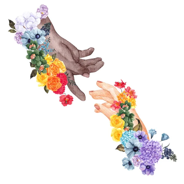 Watercolor illustration with hands and rainbow flowers, floral bouquets and colored hand