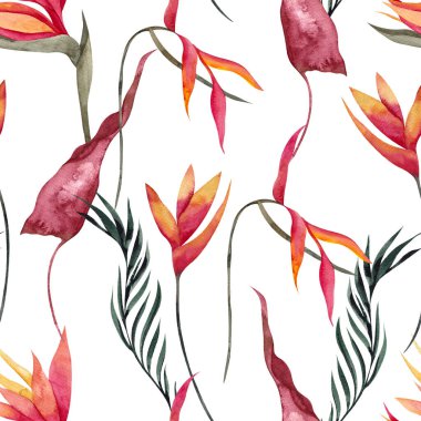 Minimalist tropik çiçek ve yapraklarla kusursuz desen, beyaz arka planda izole edilmiş.