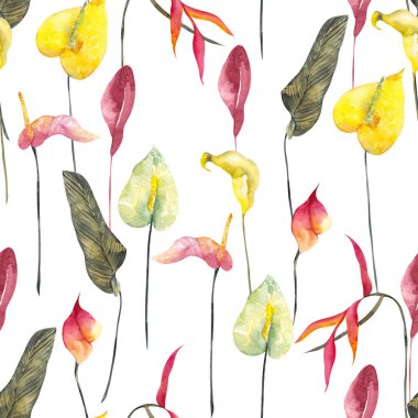 Minimalist tropik çiçek ve yapraklarla kusursuz desen, beyaz arka planda izole edilmiş.