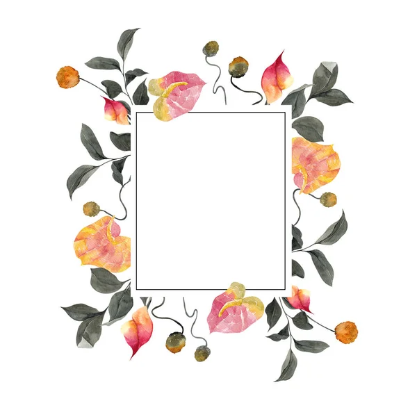 Minimalistic Frame Watercolor Hand Draw Tropical Flowers Leaves Isolated White — Stock Photo, Image
