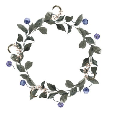 Beyaz arka planda izole edilmiş, minimalist çiçek çelengi ile suluboya çizimi