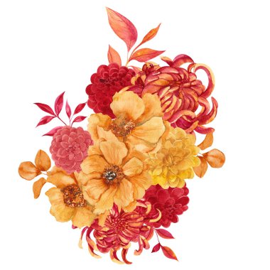Sonbahar çiçekleri ve yapraklarıyla suluboya resimleme, sonbahar buketi, beyaz arka planda izole edilmiş.