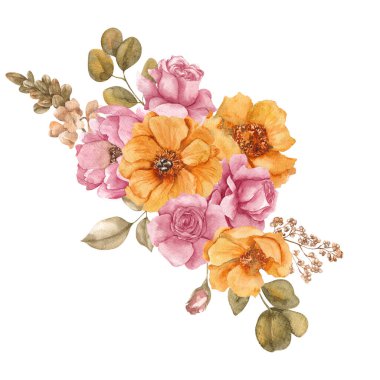 Sonbahar çiçekleri ve yapraklarıyla suluboya resimleme, sonbahar buketi, beyaz arka planda izole edilmiş.