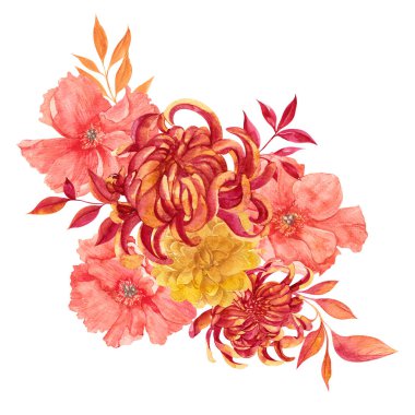 Sonbahar çiçekleri ve yapraklarıyla suluboya resimleme, sonbahar buketi, beyaz arka planda izole edilmiş.