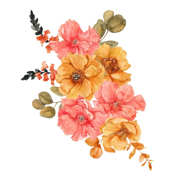 Watercolor illustration with fall flowers and leaves, autumn bouquet, isolated on white background