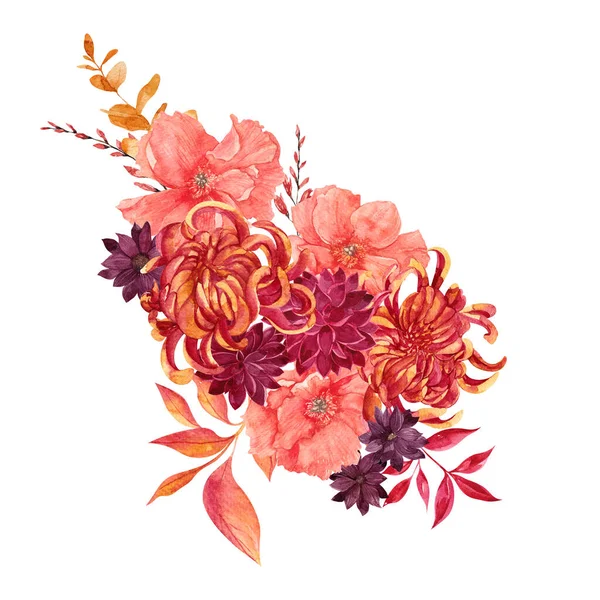 Watercolor illustration with fall flowers and leaves, autumn bouquet, isolated on white background