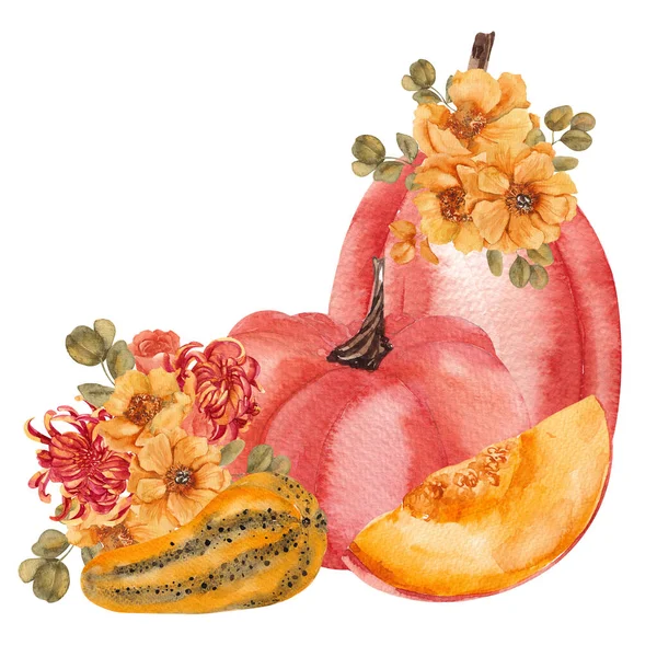 Watercolor Fall Illustration Colored Pumpkin Autumn Flowers Leaves Isolated White — Stock Photo, Image