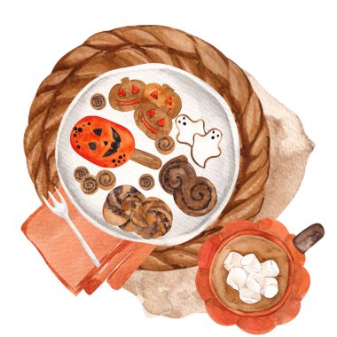 Mutfak kompozisyonu, balkabağı turtası, sıcak içecekler ve çiçek buketi içeren suluboya resimleme, beyaz arka planda izole edilmiş.