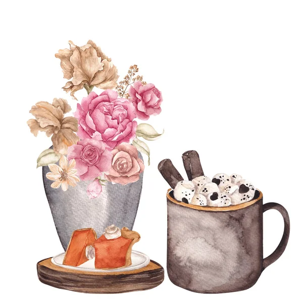 キッチン組成物 カボチャのパイ ホットドリンクや花の花束 白の背景に隔離された水の秋のイラスト — ストック写真
