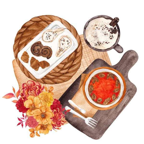 Suluboya Sonbahar Besteleri Sonbahar Pastası Içecekler Buket Pasta Beyaz Arka — Stok fotoğraf