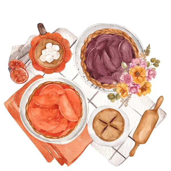 Suluboya Sonbahar Besteleri Sonbahar Pastası Içecekler Buket Pasta Beyaz Arka — Stok fotoğraf