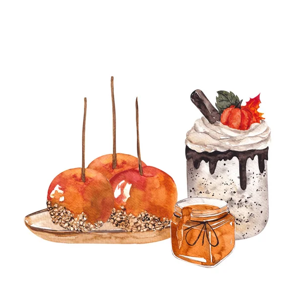 水彩画的秋天组成 秋天派 花束和蛋糕 与白色背景隔离 — 图库照片