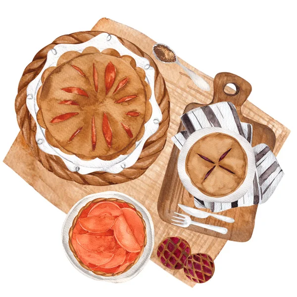Sonbahar Pastası Fırın Sıcak Içeceklerle Suluboya Çizimi Beyaz Arka Planda — Stok fotoğraf
