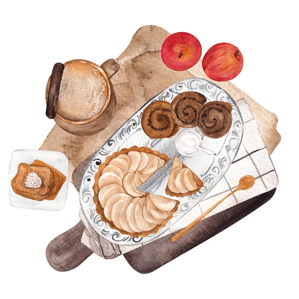 Sonbahar Pastası Fırın Sıcak Içeceklerle Suluboya Çizimi Beyaz Arka Planda — Stok fotoğraf