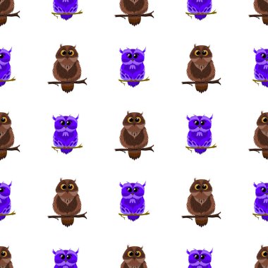 Mavi ve kahverengi baykuşların çizimleri, kusursuz desenler.