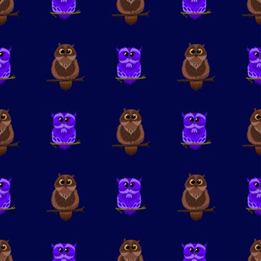 Mavi arka planda mavi ve kahverengi baykuşlar, pürüzsüz desen