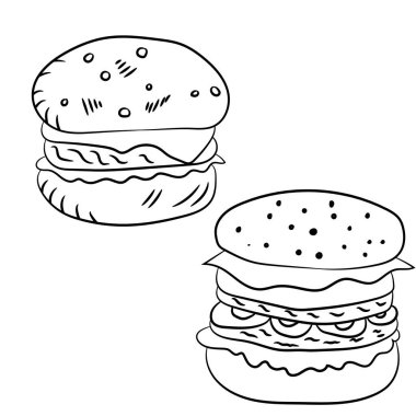 Beyaz arka planda iki hamburger çizimi, vektör illüstrasyonu