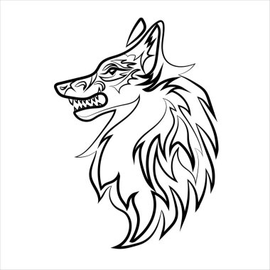 Şekillendirilmiş çizim, kurt başı, köpek, dövme, vektör illüstrasyonu