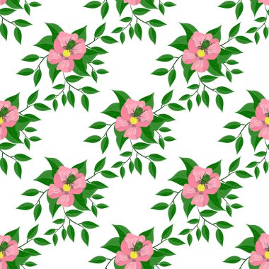 Pembe çiçekler ve yeşil böcekler, kusursuz desenler.