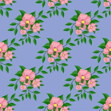 Pembe çiçekler ve yeşil böcekler, kusursuz desenler.